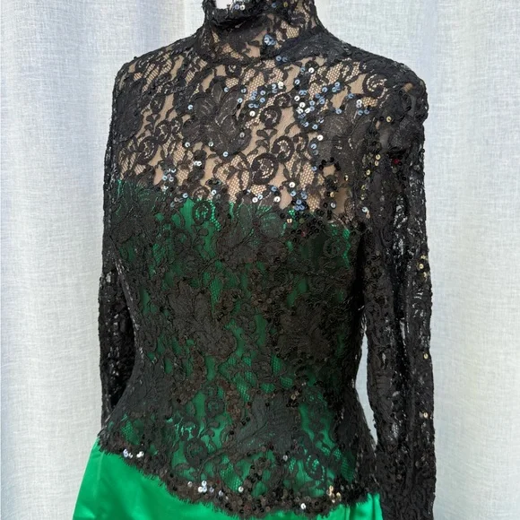 Bob Mackie boutique green black maxi gown dress with floral lace top